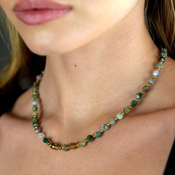 JULIETA Indian Agate Stones & 18K Gold Layered Beaded Chain Necklace - Picture 3 of 8